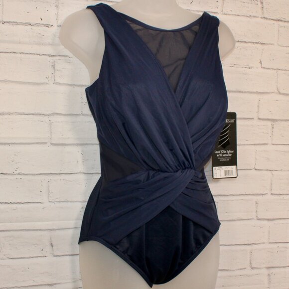 Miraclesuit Palma Navy Illusionist Crossover Allover Slimming One Piece Swimsuit - Picture 3 of 9